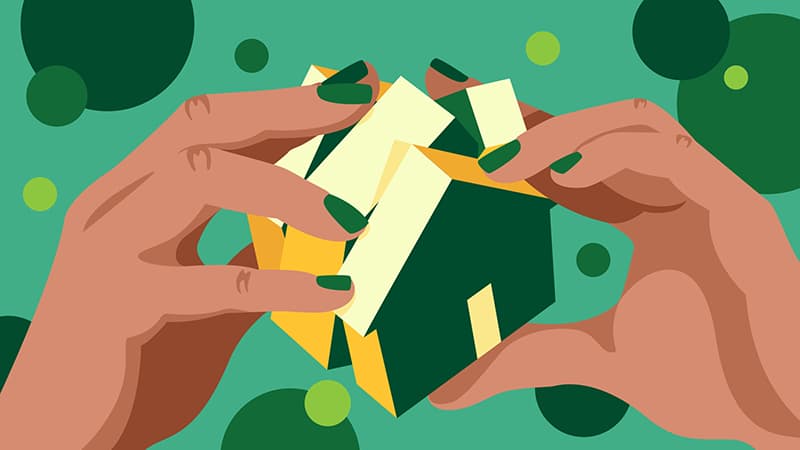 NerdWallet-style illustration of hands folding a green credit-card shape